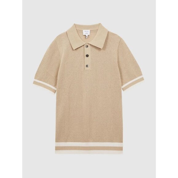 REISS x CHÉ Quinn Tan 100% Cotton Pointelle Knit Short Sleeve Polo Shirt, Size S - Picture 4 of 16